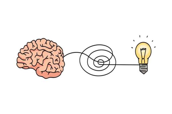 Creative thinking – brain icon connected to new idea lightbulb symbol with freehand spiral line